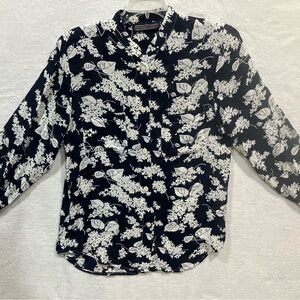 Herman Geist Vintage 1980s Floral Blouse Navy And White Size 8